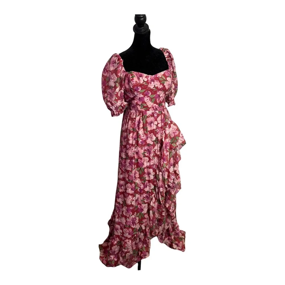 Floral Ruffle Maxi Dress Women L Sweetheart Neck Puff Sleeve Cottage Romantic